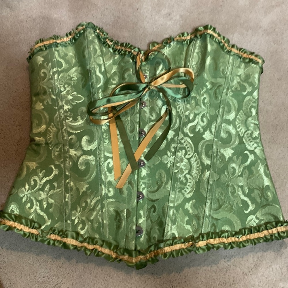 Green corset. Green and gold detailing. Size L.